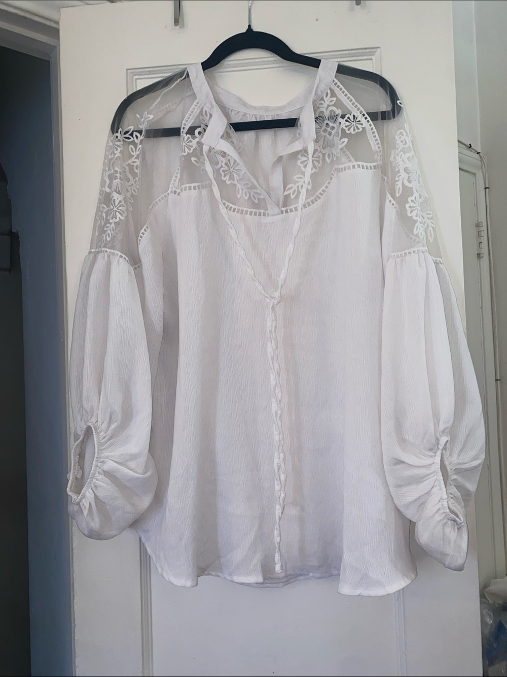 White Sheer Yoke Embroidered Peasant Blouse Size 2XL
